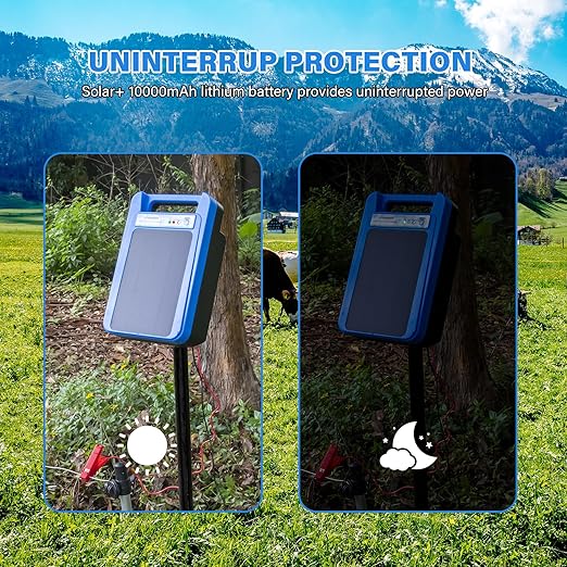 Solar Electric Fence Charger 8 kV Hight Power Energizer, 10000mAh Lithium Battery & 3W Solar Panel - Ideal for Livestock, Pet, Poultry, Gardens, Orchards Protection
