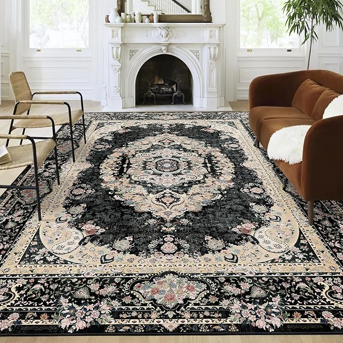 9x12 Area Rugs Washable,Black Rug for Living Room Bedroom Dining Room,Large Boho Vintage Bohemian Distressed Carpet Non Slip,Floral