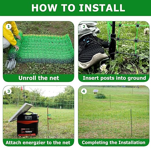 Electric Fence Netting, 35.4" H x 164' L, PE Net Fencing with 14 Posts Double Spiked, Utility Portable Mesh for Goats, Sheep, Lambs, Deer, Hogs, Dogs, Used in Backyards, Farms and Ranches