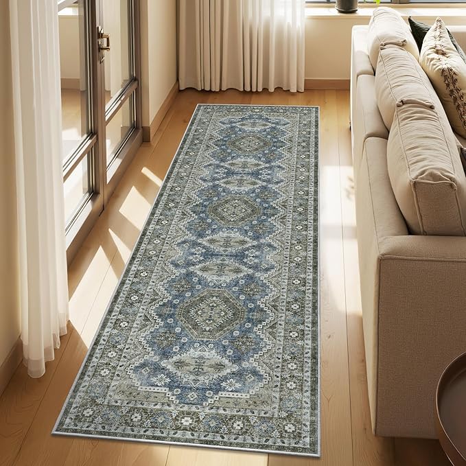 Rugland 2'6x8' Runner - Stain Resistant Entryway Rug, Anti Slip Backing Hallway Runner Rug, Vintage Tribal Area Rugs (TPR07-Green, 2'6x8')
