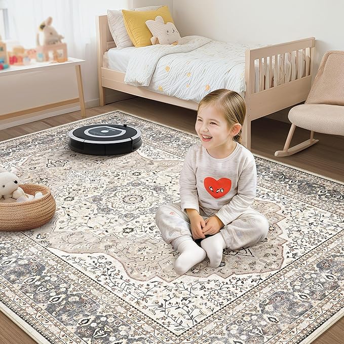 Washable Rug 8x10 Area Rugs for Living Room Bedroom Dining Room Home Office Floor Decor -Stain & Fade Resistant Non Slip Backing Carpet,Ultra-Thin Vintage Large Carpets (Camel/Beige,8'x10')
