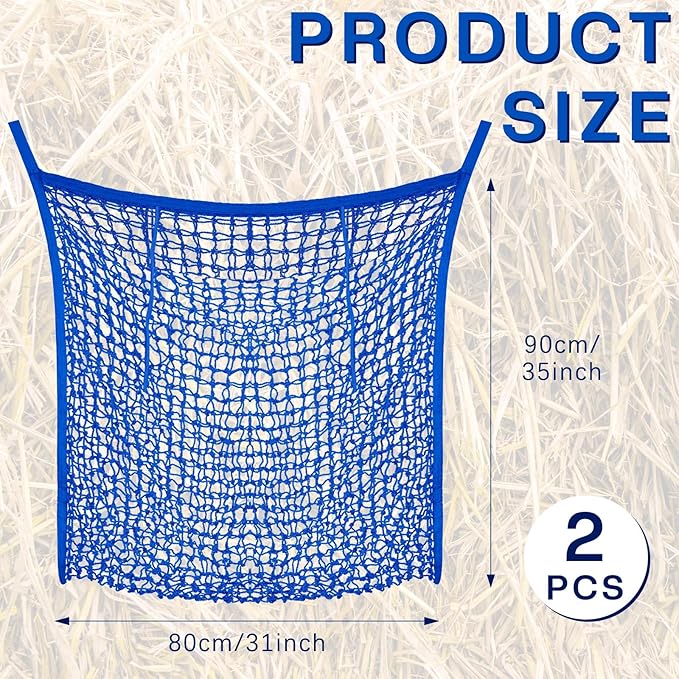 Fabbay 2 Pcs Slow Feed Hay Net Hay Feeder Bags for Horses Goat Stall Trailer Horse Feeding Supplies(35 x 31 Inch,Blue)