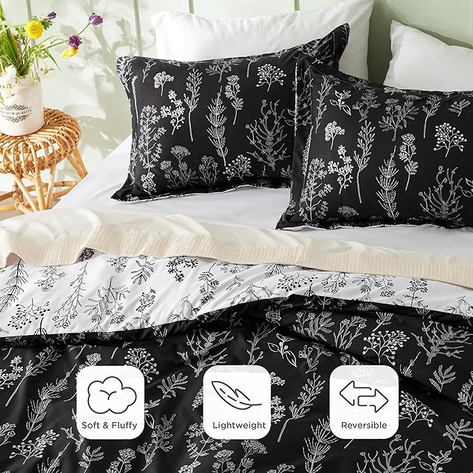 Bedsure Twin/Twin XL Comforter Set - Black Bed Set, 2 Pieces Cute Floral Bedding, 1 Soft Reversible Botanical Flowers Comforter and 1 Pillow Sham