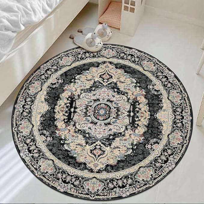 Black Round Rug 4ft,Circle Washable Area Rugs for Bedroom Bathroom Entryway,Boho Vintage Bohemian Distressed Oriental Carpet Non Slip,Floral