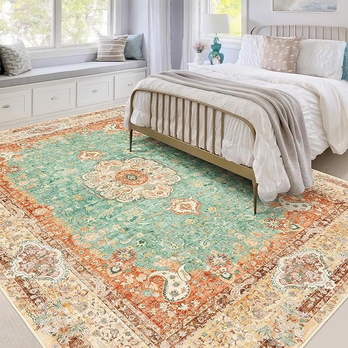 5x7 Area Rugs Washable,Boho Rug for Living Room Bedroom Kitchen,Large Vintage Bohemian Distressed Farmhouse Carpet Non Slip,Retro Orange Green Floral
