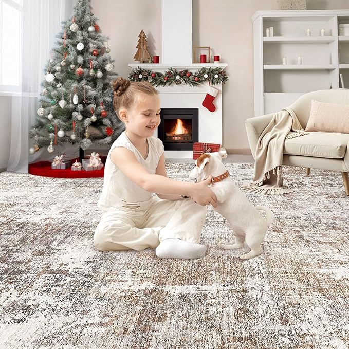 Area Rug Living Room Rugs - Washable Neutral Modern Abstract Soft Thin Rug Indoor Floor No Slip Rug Carpet for Bedroom Under Dining Table Home Office Decor - Brown/Grey/Red - 8x10