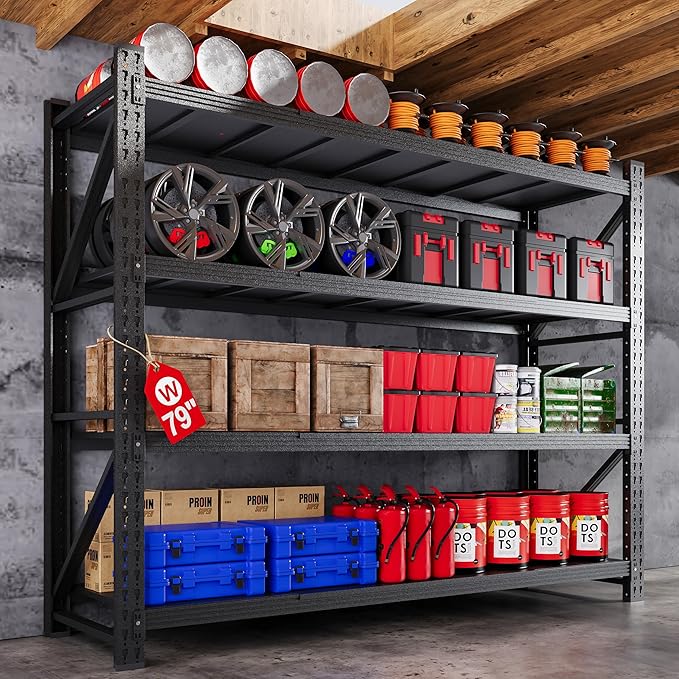 79”W Garage Shelving Heavy Duty, 7000LBS Metal Storage Shelves, 24” Deep Storage rack shelf, Steel Tall Industrial Shelving , 4 Tier Adjustable Standing Shelf for Warehouse / Shop 79"W x 24"D x 79"H