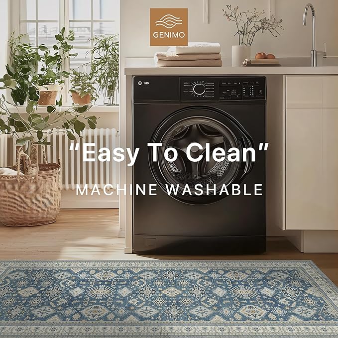 GENIMO Machine Washable 8x10 Area Rugs for Living Room, Non Slip Vintage Rugs, Low Pile Lightweight Chenille Print Rug for Bedroom, Dining Room, Home Office, Blue