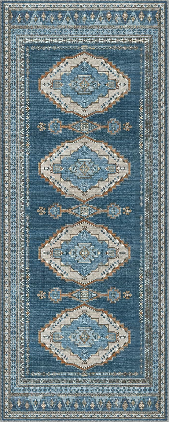 GENIMO 2x10 Washable Runner Rug for Hallway, Vintage Non Slip Low Pile Carpet, Soft Lightweight Printed Rug for Entryway, Kitchen, Corridor & Home Office, Navy/Brick