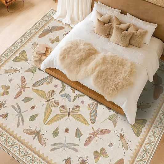 Large Western Rugs for Living Room - 10x14 Insect Area Rug for Dining Room Under Kitchen Table, Washable Low Pile Soft Boho Butterfly Decor