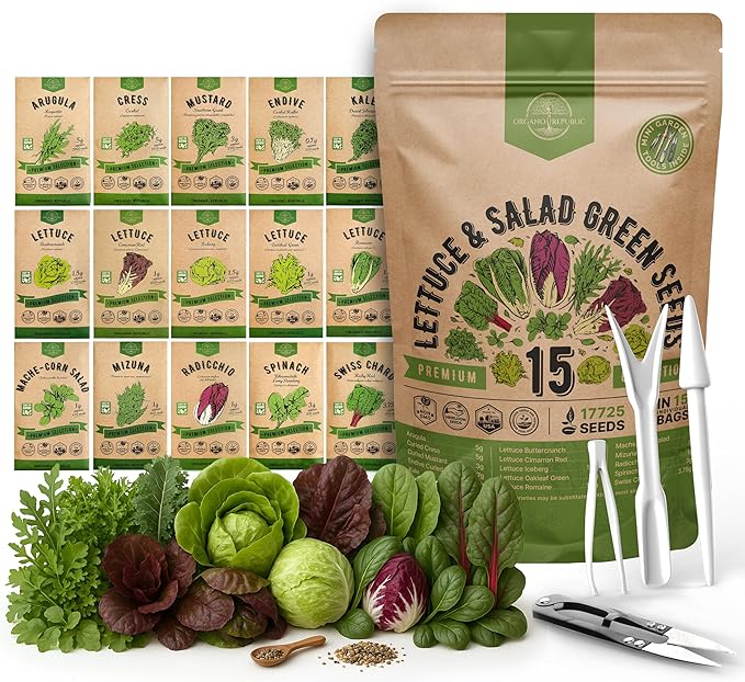 Organo Republic 15 Lettuce & Salad Greens Seeds Variety Pack 17700+ Non-GMO Heirloom Lettuce Seeds for Indoors & Outdoors Garden, Hydroponics, Aerogarden - Arugula, Kale, Spinach, Swiss Chard, Lettuce