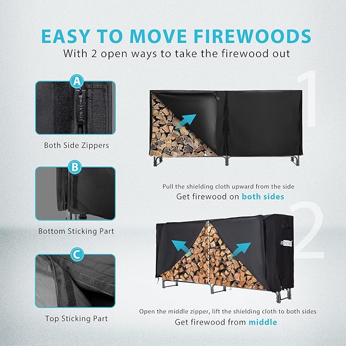 VIVOHOME 8ft Heavy Duty Indoor Outdoor Firewood Storage Log Rack with Cover Combo Set Black