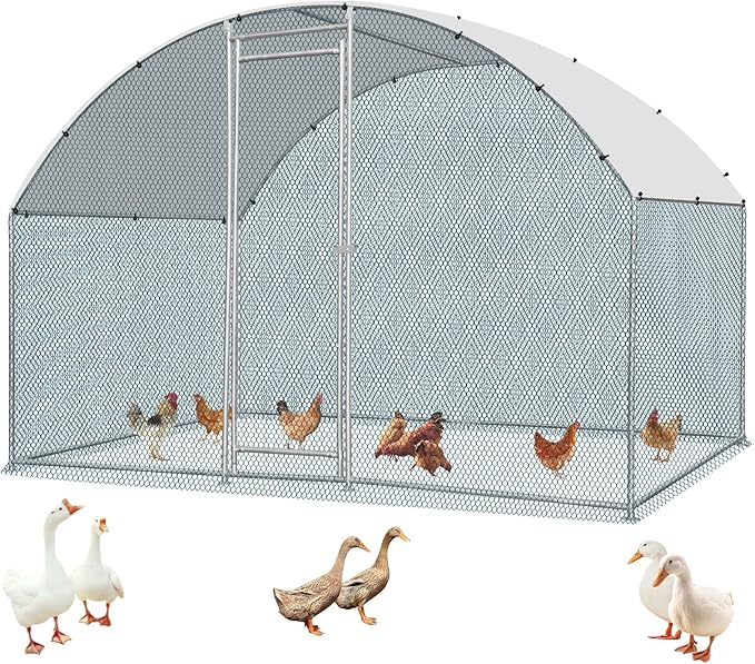 VINGLI Chicken Coop, Large Metal Poultry Cage for Chicken Run, Walk-in Chicken Pen with Waterproof & Anti-UV Cover Outdoor (Silver-Dome Roof, 6.5 * 9.8 * 6.5 ft)