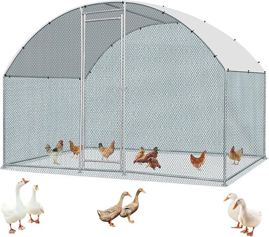 VINGLI Chicken Coop, Large Metal Poultry Cage for Chicken Run, Walk-in Chicken Pen with Waterproof & Anti-UV Cover Outdoor (Silver-Dome Roof, 6.5 * 9.8 * 6.5 ft)