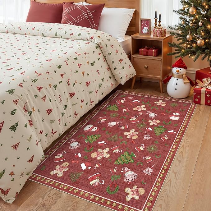 Washable Christmas Area Rug: 3x5 Neutral Modern Festive Carpet - Non-Slip Soft Thin Low Pile Throw Indoor Rugs for Bedroom Kitchen Entrance Living Room - Red