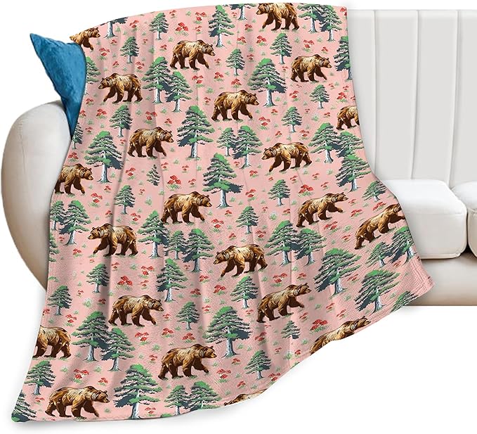 Bear Blanket Rustic Forest Bear Throw Blanket Super Soft Plush Lightweight Warm Fleece Flannel Mushroom Log Cabin Decor Blanket Gifts for Baby Kids Girls Women Boys for Sofa Couch Bed 60"X80"