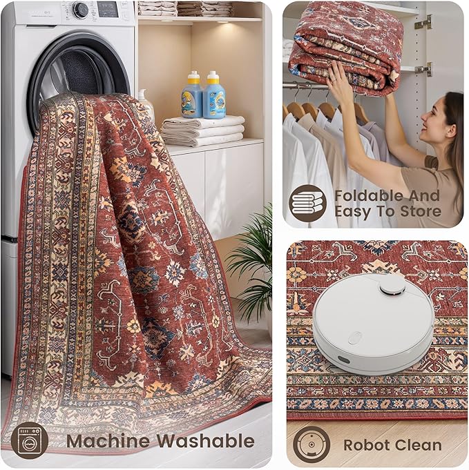 Rugland 4x6 Rug - Stain Resistant Washable Rug, Anti Slip Backing Rugs for Living Room, Vintage Tribal Area Rugs (TPR10-Burgundy, 4'x6')