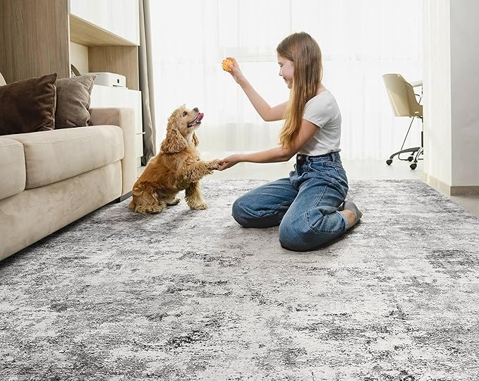 7x10 Area Rug Living Room Rugs - Washable Neutral Modern Abstract Soft Thin Large Rug Indoor Floor No Slip Rug Carpet for Bedroom Under Dining Table Home Office Decor - Grey