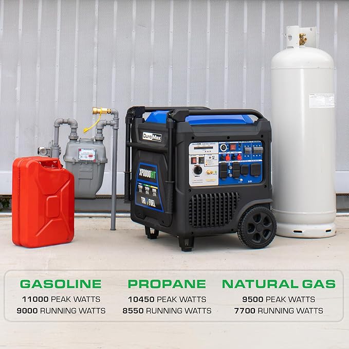 DuroMax XP11000iHT 11,000-Watt Tri Fuel Portable Digital Inverter Generator - Gas, Propane & Natural Gas, Remote Electric Start, Whole Home Power Backup, Transfer Switch Ready, RV & Emergency Ready