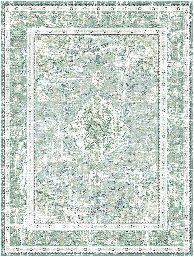 Vhong Boho Area Rugs Washable Vintage Modern Neutral Large Carpet Sage Green 5×7 High Traffic Rugs for Dinning Room Living Room Bedroom Farmhouse Non Slip