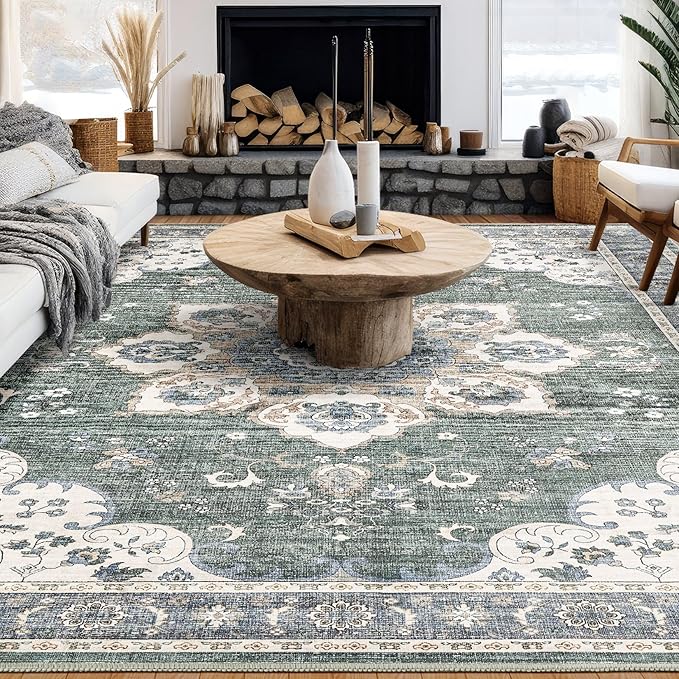 Area Rug for Living Room - 10x14 Soft Washable Oriental Vintage Floral Distressed Large Carpet - Fade Stain Resistant Non Slip Rugs for Bedroom Dining Room Nursery Dorm Office Home Decor - Green