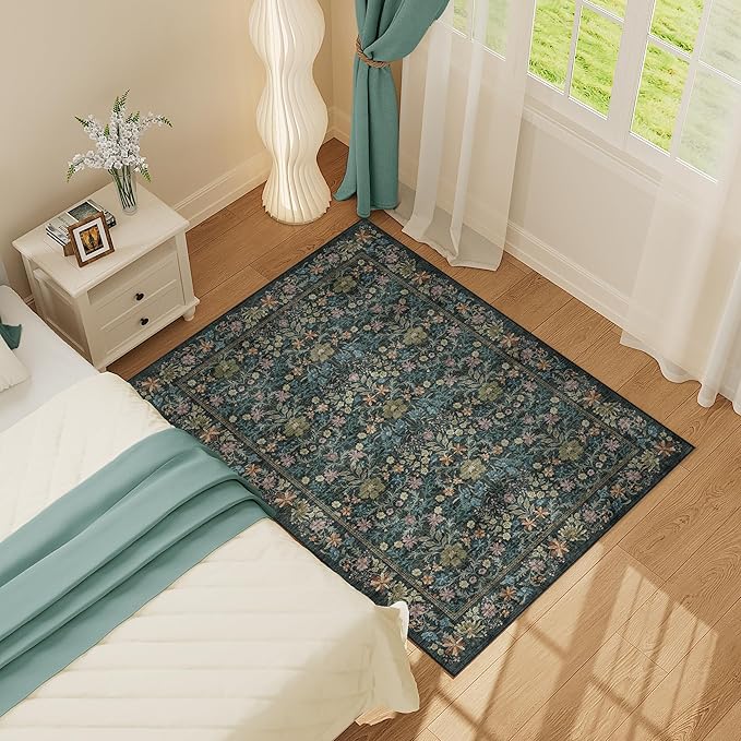 DUKINO 4x6 Rugs for Living Room, Lightweight Non Slip Washable Rug with Low Pile Design, Vintage Floral Non-Shedding Soft Carpet for Living Room, Bedroom, Farmhouse, Office, Bathroom, Blue