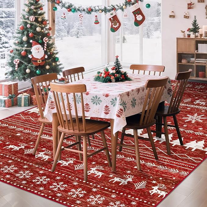 Christmas Living Room Rugs 8x10: Washable Moroccan Geometric Boho Rug Non Slip Stain Resistant Large Rugs Low Pile Soft Carpet for Xmas Holiday Decor Bedroom Dining Room Playroom (Xmas Red,8'x10')