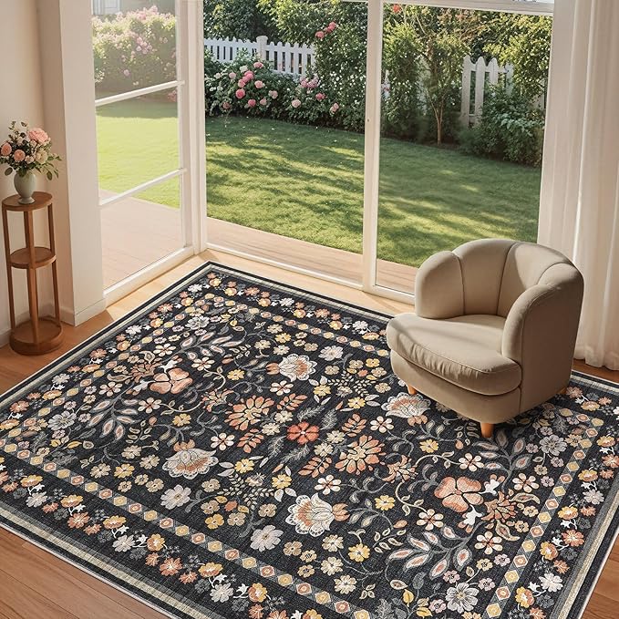 5x7 Area Rug Living Room Rugs - Washable Boho Vintage Floral Large Soft Non Slip Thin Rug Low Pile Carpet for Bedroom Dining Room Kids Playroom Office Decor Indoor- Black Grey
