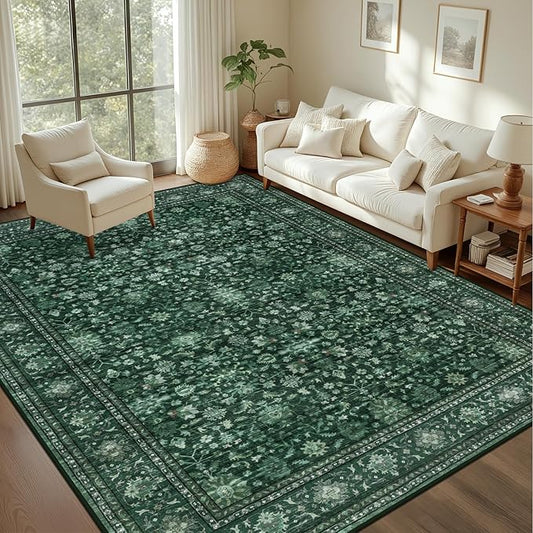 5x7 Area Rugs Living Room Rug: Washable Vintage Distressed Floral Rug No Slip Stain Resistant Soft Carpet Indoor Large Carpets for Bedroom Dining Room Farmhouse Nursery Hallway Home Office Deep Green
