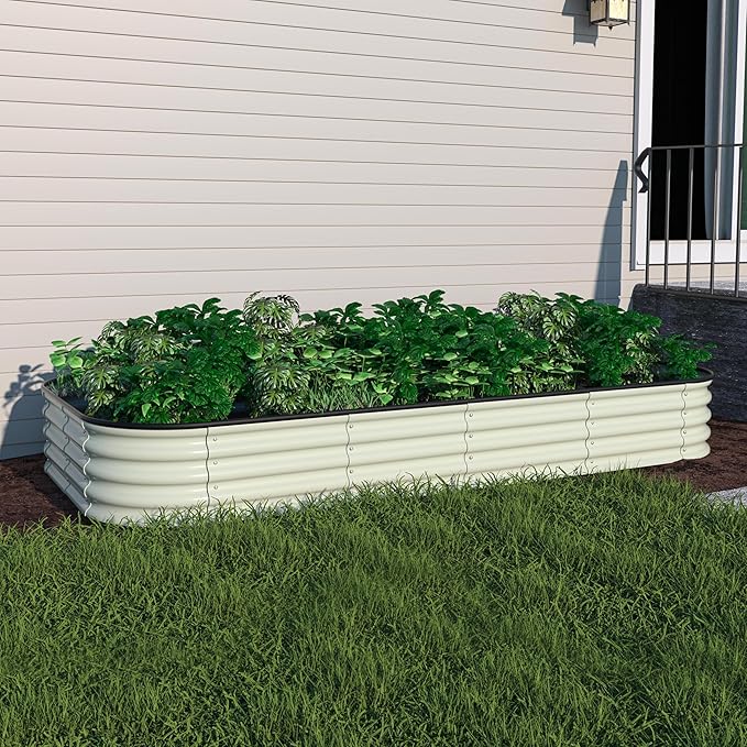 MUPATER 8x4x1FT Raised Garden Bed Outdoor, Modular Galvanized Raised Garden Bed Kit for Planting, Above Ground Planter Box for Gardening, Supportive Bars and Rubber Strip Edging Included, Beige