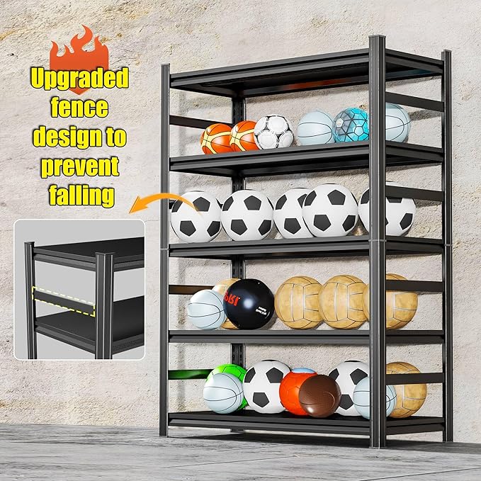 Storage Shelves, Garage Metal Shelving Unit, Adjustable, Double-Layer Column with Reinforced Ribs, Heavy-Duty, Capable of Bearing 600-3600 lbs (Black, 63 * 45 * 18, 5-Tier)