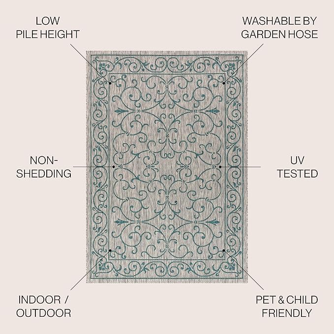 JONATHAN Y Vintage Filigree Indoor Outdoor Round Area Rug 6 Ft Gray/Teal, Charleston Textured Weave for Backyard, Patio, Porch, Easy-Cleaning, High Traffic, Pet-Friendly, Non-Shedding (SMB106E-6R)