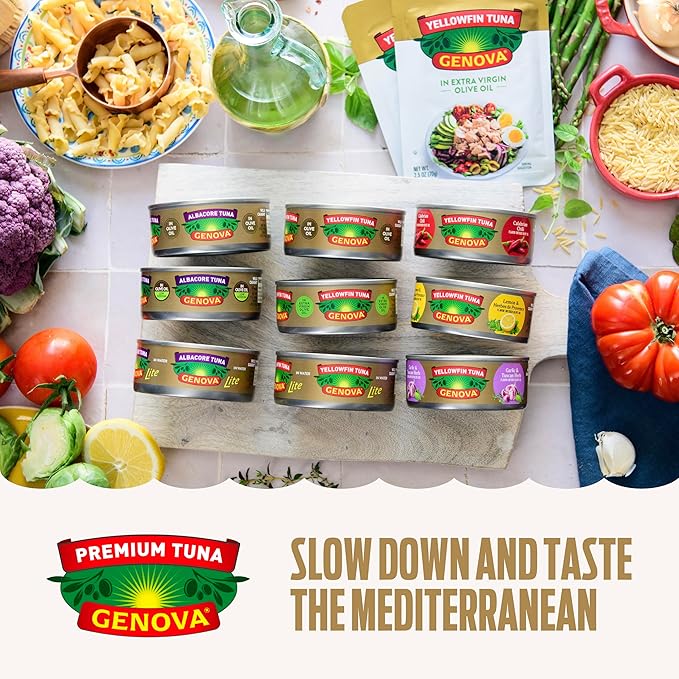 Genova Premium Yellowfin Tuna in Olive Oil, 3 Ounce Cans (Pack of 24), Wild Caught Canned Tuna, Solid Light
