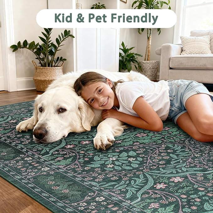 Dark Green 2x6 Washable Kitchen RunnerRug，Rubber Backed Runner Rugs，Vintage Soft Low Pile Long Carpet for Kids Room Non-Slip Stain Resistant Runner for Bathroom Hall Kitchen Office Stair