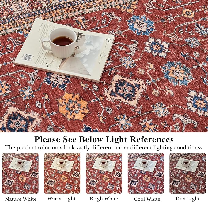Rugland 5x7 Area Rugs - Stain Resistant Washable Rug, Anti Slip Backing Rugs for Living Room, Vintage Tribal Area Rugs(Burgundy, 5'x7')