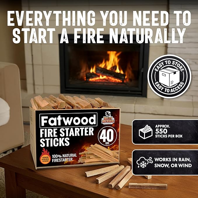 40lb Fatwood Fire Starter Sticks | 100% Natural Fire Starters for Grill, Campfire, Wood Stoves, Bonfires | Easy Firestarter w/Just 2 Sticks in All Weather Conditions by Billy Buckskin (40lb Box)