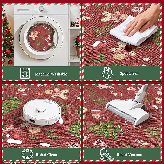 Washable Christmas Area Rug: 3x5 Neutral Modern Festive Carpet - Non-Slip Soft Thin Low Pile Throw Indoor Rugs for Bedroom Kitchen Entrance Living Room - Red
