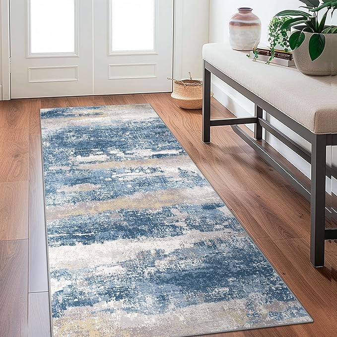 GENIMO Runner Rug 2x5 Non Slip Machine Washable Hallway Runner Rug, Low Pile Lightweight Rugs for Entryway, Hallway, Kitchen and Corridor, Blue Cream
