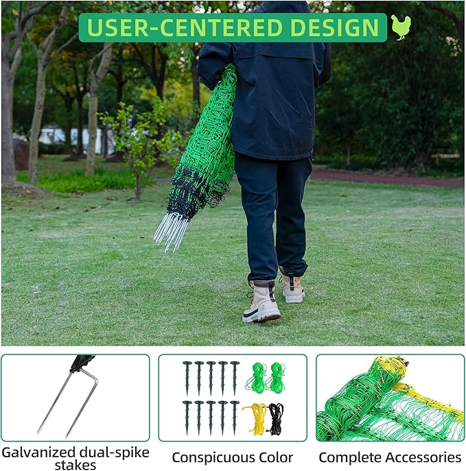 Poultry Netting Electric Fence, 41.5" H x 164' L, Portable Livestock Nets Mesh for Chickens, Ducks, Geese, Turkey, Electric Fencing for Backyards, Homesteaders, Farms, Ranches, Gardens