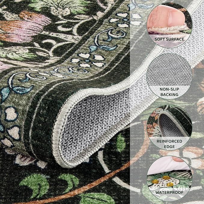 2x3 Area Rug Living Room Rugs - Washable Boho Vintage Floral Large Soft Non Slip Thin Rug Low Pile Carpet for Bedroom Dining Room Kids Playroom Office Decor Indoor- Green Dark