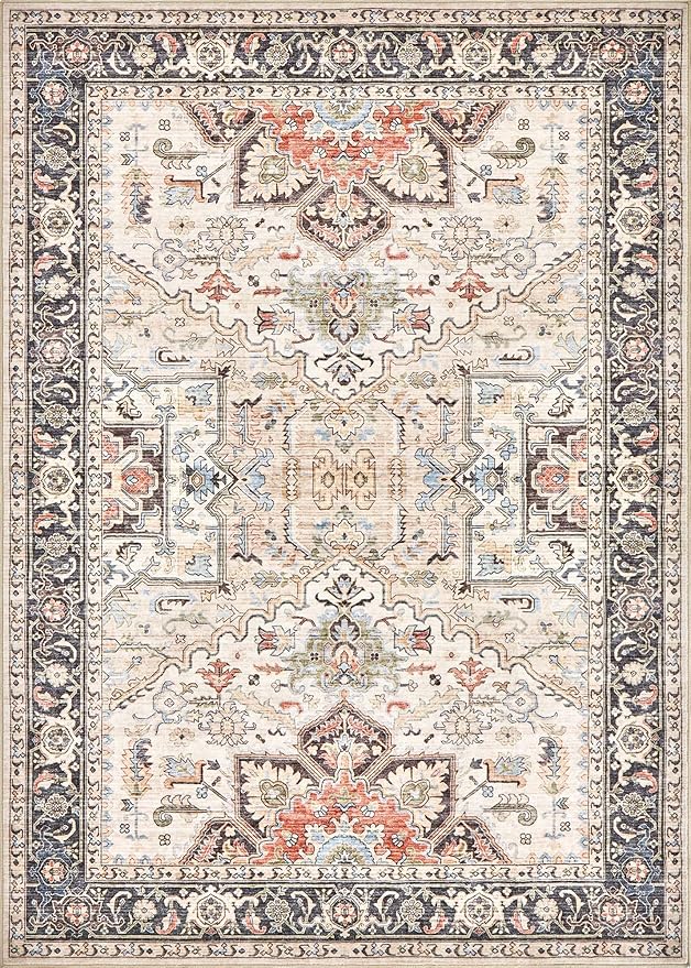 Area Rug for Living Room - 7x9 Soft Washable Oriental Vintage Floral Distressed Large Carpet - Fade Stain Resistant Non Slip Rugs for Bedroom Dining Room Nursery Dorm Office Home Decor - Multi