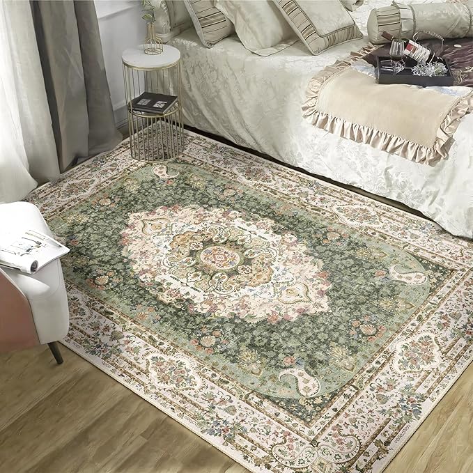 Green Rug 4'x6.5',Washable Area Rugs for Bedroom Living Room Kitchen Entryway,Small Boho Vintage Bohemian Distressed Non Slip Carpet,Floral