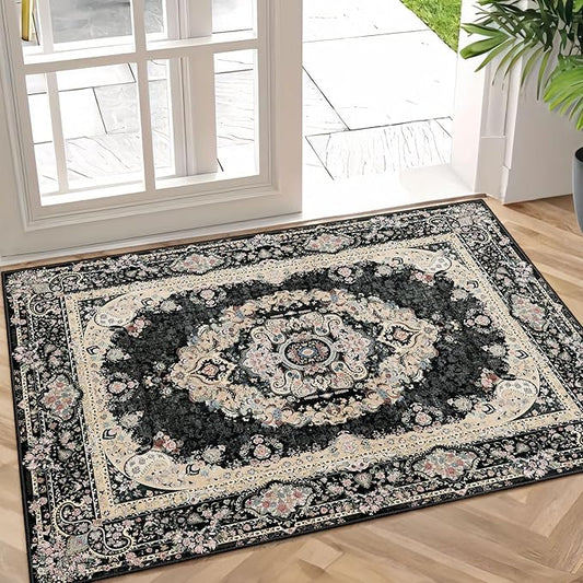 Small Rugs 2x3,Black Rug for Entryway Bathroom Bedroom Kitchen Entrance Doormat,Boho Vintage Bohemian Distressed Washable Accent Floor Throw Carpet Non Slip,Floral