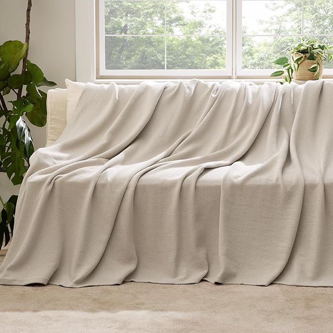 Bedsure GentleSoft 100% Cotton Large Throw Blanket for Couch 50x70 inches - Breathable and Lightweight, Soft Cozy Herringbone Woven Cotton Throw for Summer, Linen Beige Office Chair Blanket