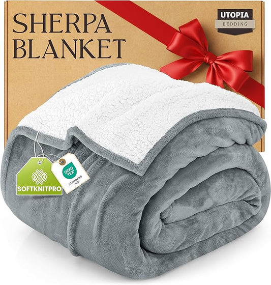 Utopia Bedding Sherpa Blanket California King Size (Cool Grey, 102x96 Inches) - Soft Lightweight Plush Fleece Reversible Blanket for Bed, Sofa, Couch, Camping and Travel