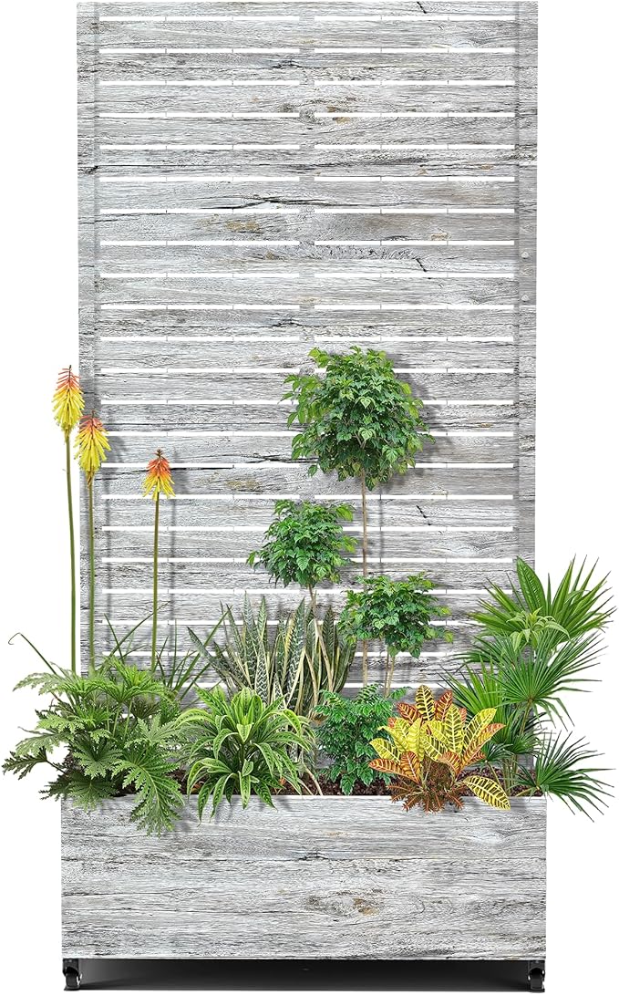 15.7"×70.9"×35.4" Metal Raised Garden Bed with Trellis and Wheels - Tall Trellis Planter Box for Climbing Plants, Vegetables & Vines - Outdoor Privacy Planters for Patio (White Oak Grain)