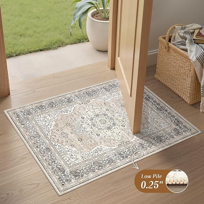 2x3 Washable Entryway Rug: Non-Slip Soft Indoor Throw Small Vintage Floral Area Rug for Kitchen Bedroom, Low Pile Durable Carpet for Front Door Porch Floor Doormat Home Decor (Camel/Beige)