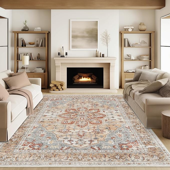 Rugland 8x10 Area Rugs - Stain Resistant Washable Rug, Anti Slip Backing Rugs for Living Room, Vintage Tribal Area Rugs (TPR11-Orange, 8'x10')