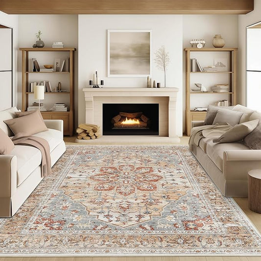 Rugland 8x10 Area Rugs - Stain Resistant Washable Rug, Anti Slip Backing Rugs for Living Room, Vintage Tribal Area Rugs (TPR11-Orange, 8'x10')
