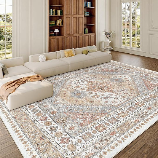 zesthome 7x9 Area Rug, Super Soft Washable Rugs for Living Room, Non-Slip Stain Resistant Vintage Rugs, Ultra-Thin Large Area Rugs (Orange,7'x9')